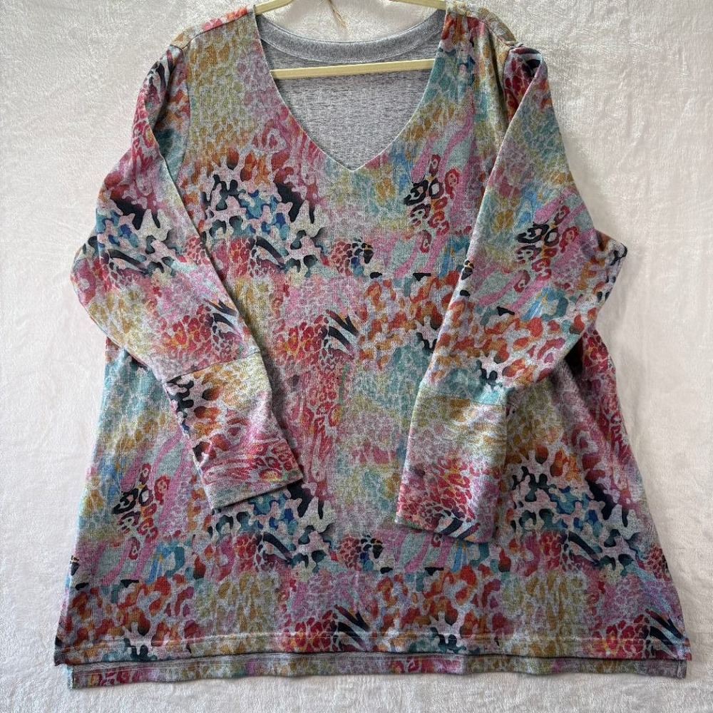 Soft Surroundings Womens 1X Tunic Top V-Neck Multicolor Print Knit Long Sleeve